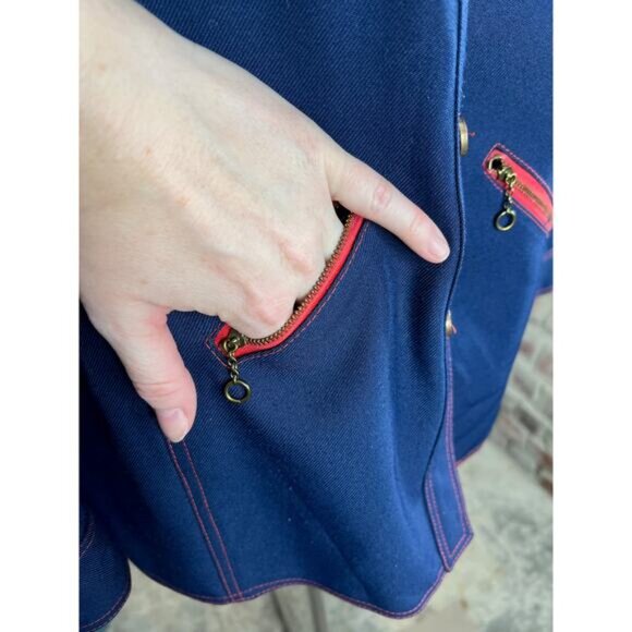 button up shirt dagger collar 6 zipper pockets 1970s navy blue red - Picture 3 of 11